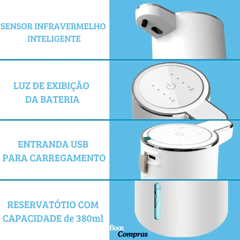 DIspenser de sabonete líquido automático inteligente - USB recarregável com ajuste de quantidade