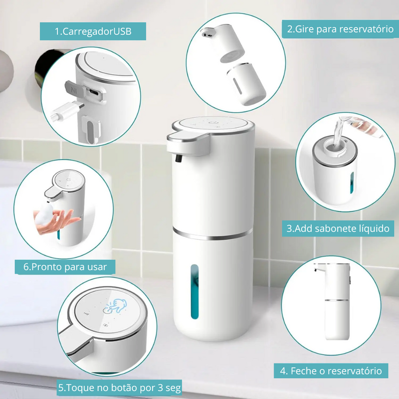 DIspenser de sabonete líquido automático inteligente - USB recarregável com ajuste de quantidade